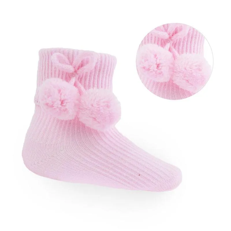Ankle Pom Socks - White/Blue/Pink